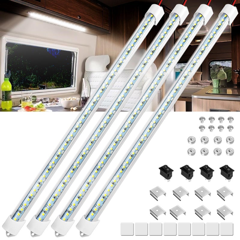 Linkstyle 4PCS 12V LED Interior Light Bar, Super Bright 6500K 12V LED Light Strip Lights with Switch and Magnets, 48 LEDs 700LM Enclosed Trailer Lamp for Car Truck Camper Van RV, White - Image 1