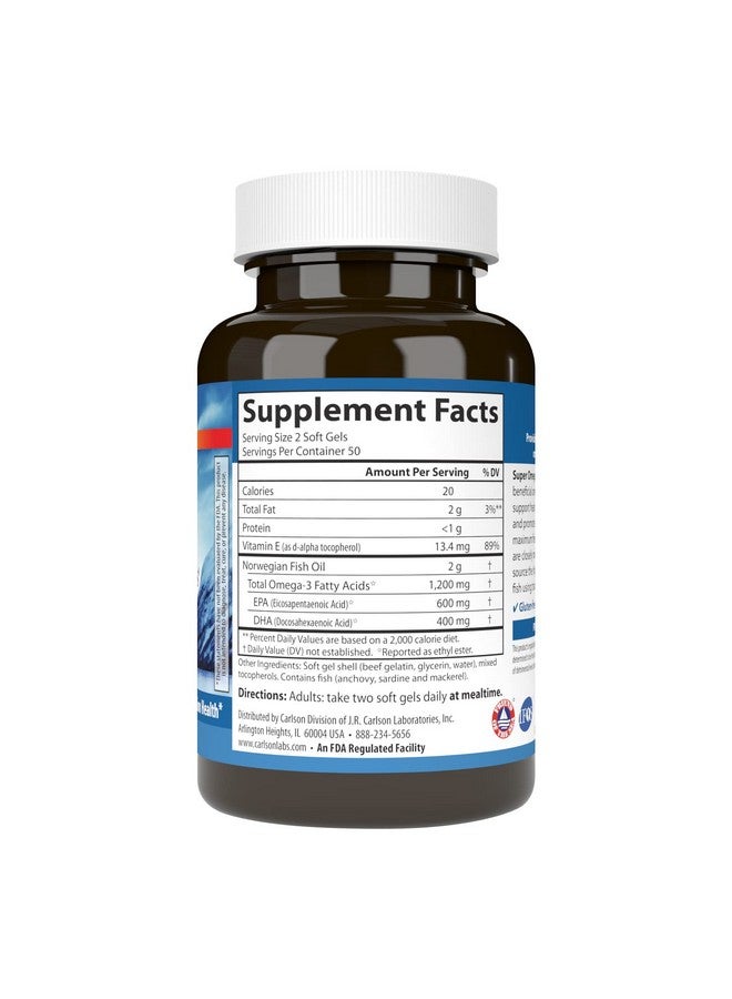Carlson Super Omega-3 Gems, Norwegian, 1,200 mg Omega-3s, 100 Soft Gels - Image 2