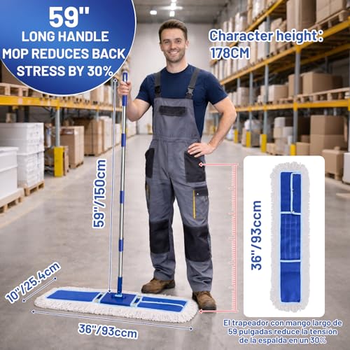 EHADOO 36" Commercial Dust Mop: Dry Dust Broom for Hardwood Floors Cleaning - 2 Mop Pads 59" Long Handle Heavy Duty Frame - Industrial Professional Cleaning Supplies for Hotel Warehouse School Janitor - Image 2