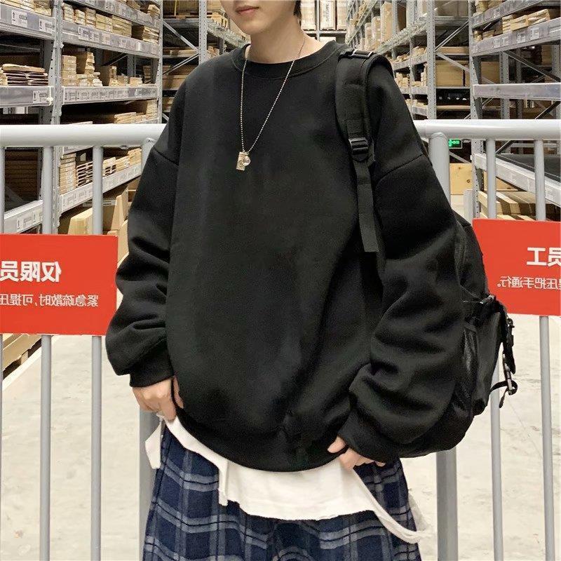 Mens Loose Trendy Fleece-lined Sweatshirt Autumn New Yellow - Image 3