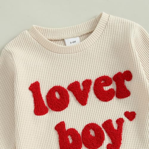 Lesimsam Toddler Baby Boy Valentines Outfit Letter Embroidery Long Sleeve Waffle Knit Sweatshirt and Pants Set(Apricot, 12-18 Months) - Image 4