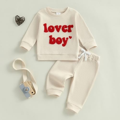 Lesimsam Toddler Baby Boy Valentines Outfit Letter Embroidery Long Sleeve Waffle Knit Sweatshirt and Pants Set(Apricot, 12-18 Months) - Image 2