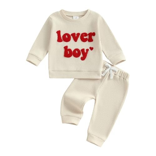 Lesimsam Toddler Baby Boy Valentines Outfit Letter Embroidery Long Sleeve Waffle Knit Sweatshirt and Pants Set(Apricot, 12-18 Months) - Image 1