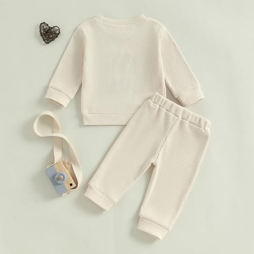 Lesimsam Toddler Baby Boy Valentines Outfit Letter Embroidery Long Sleeve Waffle Knit Sweatshirt and Pants Set(Apricot, 12-18 Months) - Image 3