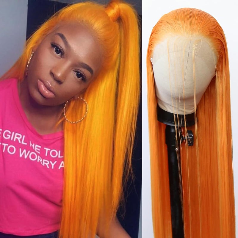 BTWTRY Orange Synthetic Lace Front Wig Long Straight Bright Orange Lace Front Synthetic Wig Pre Plucked Natural Hairline Glueless Heat Resistant Fiber Hair Wig for Fashion Women Orange