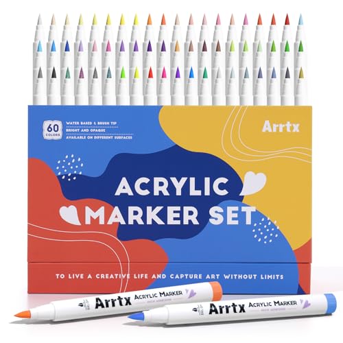 Arrtx Acrylic Paint Pens 60A,Brush Tip Acrylic Markers Set for Rock Painting,Glass,Stone,Wood,Ceramic Fabric - Image 1
