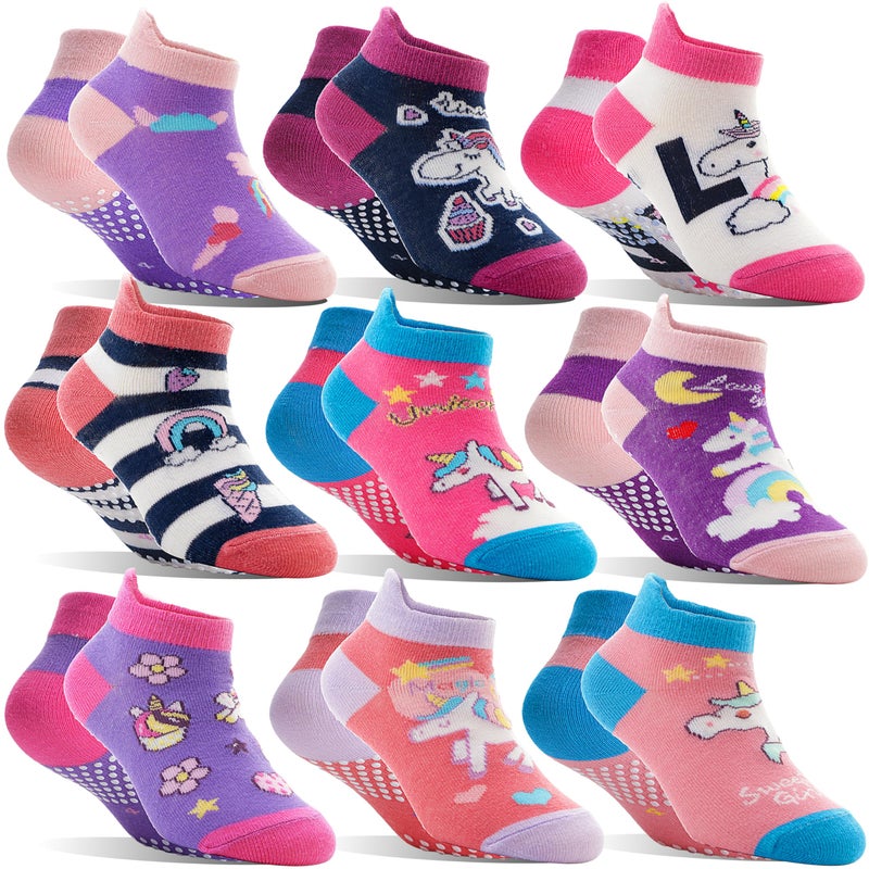 Welwoos Baby Girls Toddlers Grips Socks Kids Non Slip Anti Skid Ankle Unicorn Gift Cotton No Show Socks with Grippers 9 Pairs (Rainbow Unicorn, 5-8 Y) - Image 1