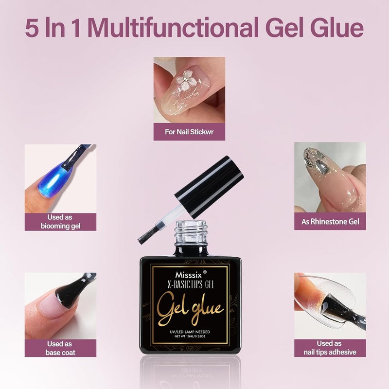 Misssix Short Almond Gel Nail Tips Kit, 216Pcs Pre Etched Clear Fake Nails, Full Cover False Nail 9-in-1 Gel Glue and Portable Mini U V Nail Lamp for Women 12 Sizes - Image 3