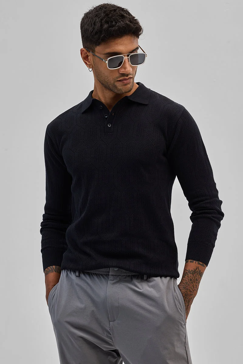 سنيتش Black Geometric Long Sleeve Slim Fit Casual T-Shirt