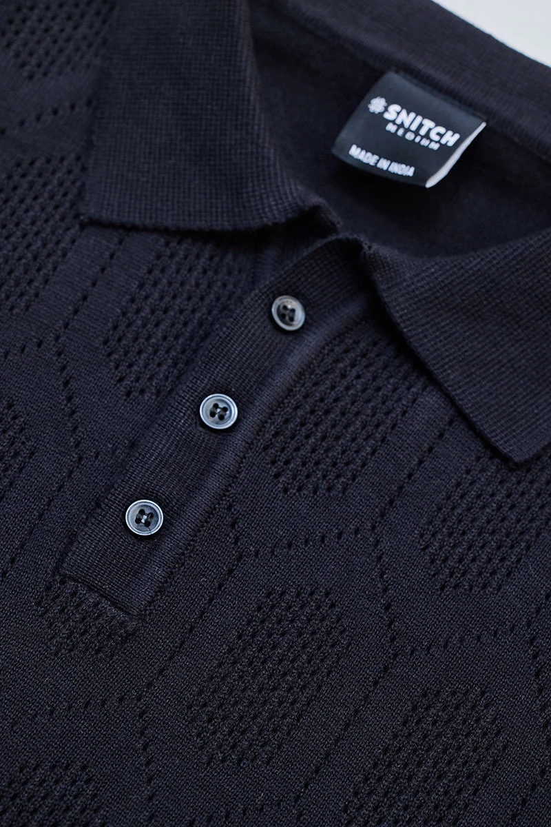 سنيتش Black Geometric Long Sleeve Slim Fit Casual T-Shirt