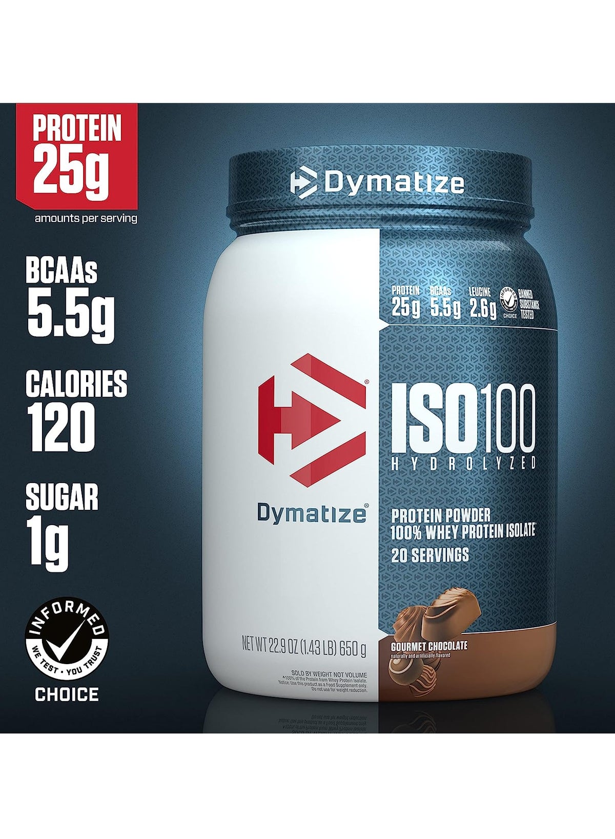 Iso 100 Hydrolyzed 100% Whey Protein Isolate Gourmet Chocolate 1.43Lb, 650G