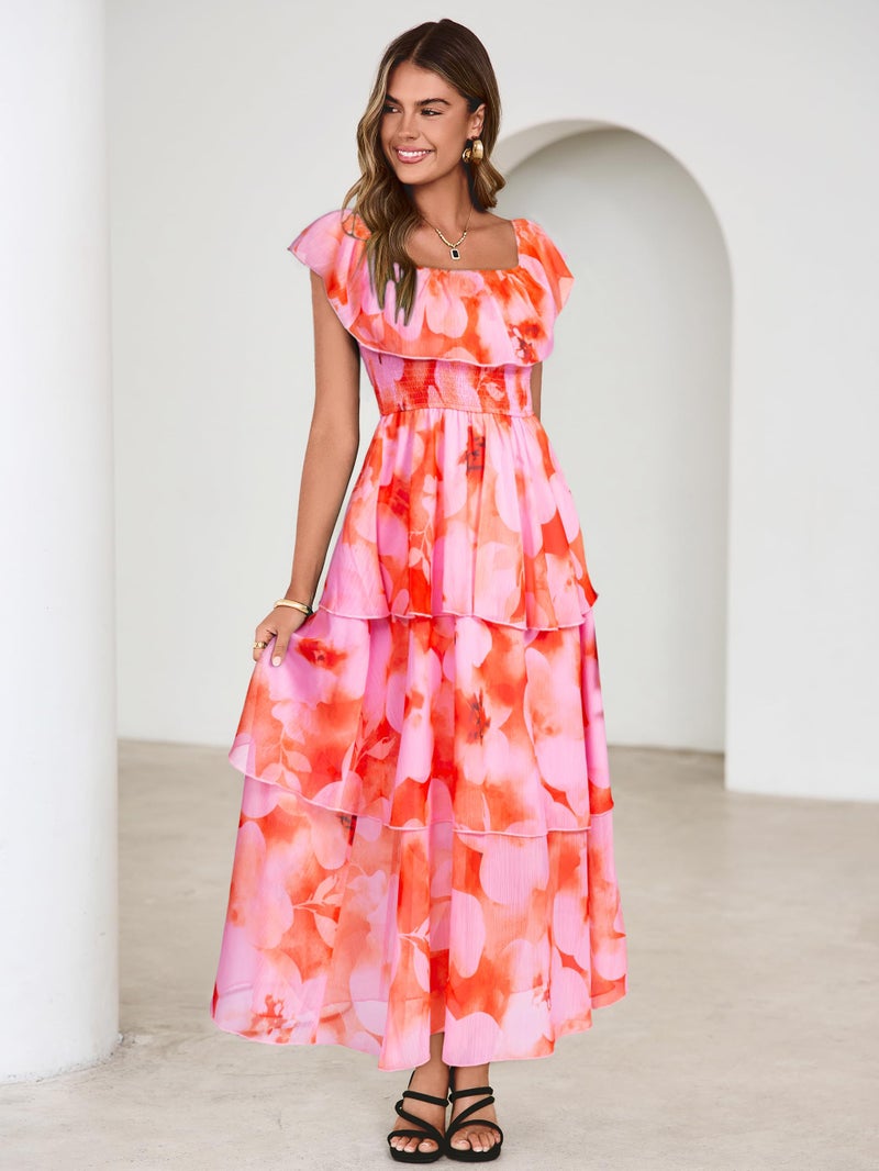 Simplee Womens Floral Wedding Guest Dress Spring Summer 2026 Chiffon Boho Off Shoulder Smocked Tiered Flowy Maxi Dresses(Orange Pink S) - Image 4