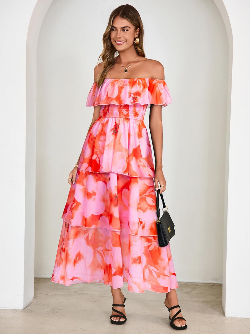 Simplee Womens Floral Wedding Guest Dress Spring Summer 2026 Chiffon Boho Off Shoulder Smocked Tiered Flowy Maxi Dresses(Orange Pink S) - Image 5