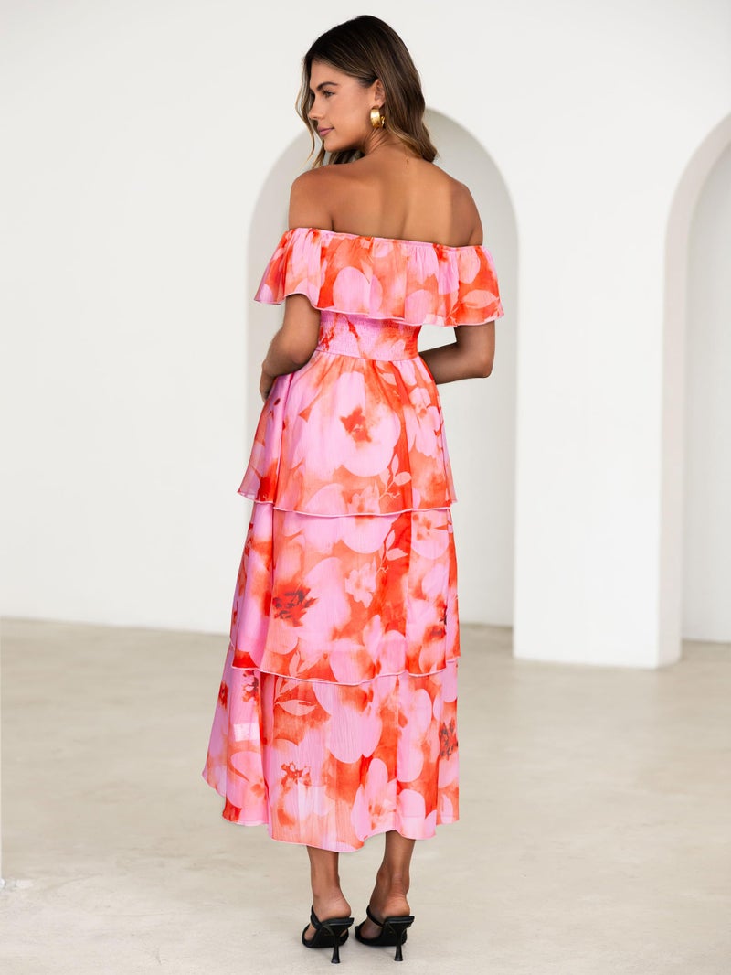 Simplee Womens Floral Wedding Guest Dress Spring Summer 2026 Chiffon Boho Off Shoulder Smocked Tiered Flowy Maxi Dresses(Orange Pink S) - Image 3