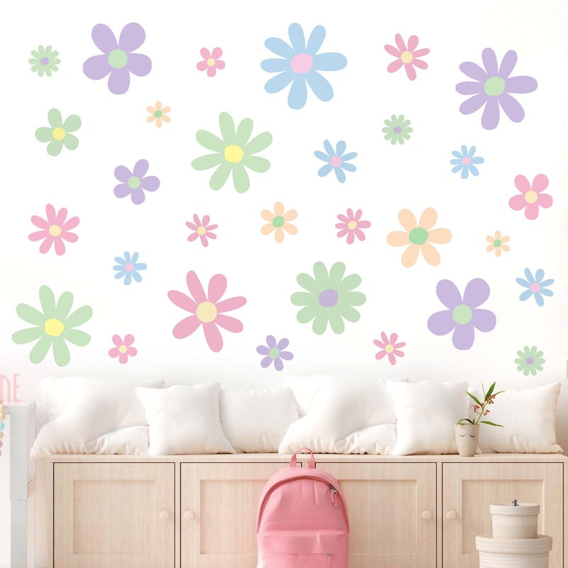 Sondeng 12 Sheets Daisy Wall Decals Boho Flower Wall Stickers Cute Kids Girls Room Decor Peel and Stick Floral Decals Toddler Nursery Playroom Living Room Bedroom Classroom Retro Hippie Decor Pastel Style - Image 3