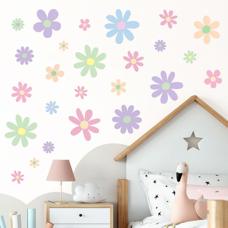 Sondeng 12 Sheets Daisy Wall Decals Boho Flower Wall Stickers Cute Kids Girls Room Decor Peel and Stick Floral Decals Toddler Nursery Playroom Living Room Bedroom Classroom Retro Hippie Decor Pastel Style - Image 1