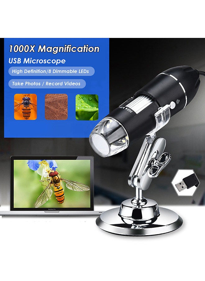 USB Digital Microscope 1000X Magnification Camera 8 LEDs with Stand Compatible with Android Windows/ XP Win 7 8 10 Vista Linux Mac Portable Handheld Inspection  Magnifier