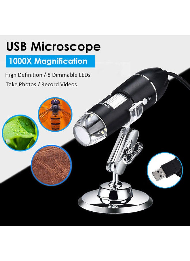 USB Digital Microscope 1000X Magnification Camera 8 LEDs with Stand Compatible with Android Windows/ XP Win 7 8 10 Vista Linux Mac Portable Handheld Inspection  Magnifier