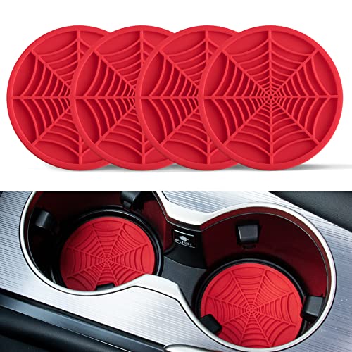 Alpmosn 4PCS Spider Web Car Coasters for Cup Holders Halloween Funny NonSlip Silicone Insert Ornaments Coasters Automotive Cupholder Goth Accessories for Men WomenRed - Image 1