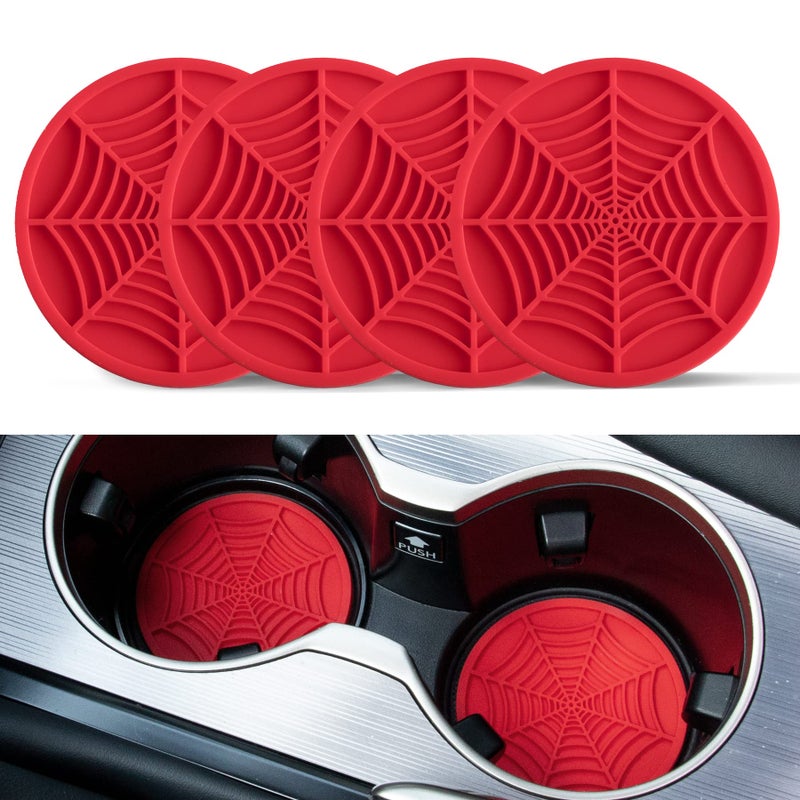 Alpmosn 4PCS Spider Web Car Coasters for Cup Holders Halloween Funny NonSlip Silicone Insert Ornaments Coasters Automotive Cupholder Goth Accessories for Men WomenRed - Image 3