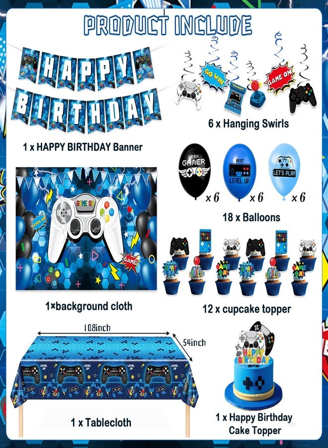 XXSCING 45Pcs Gamer Birthday Party Decorations - Gaming Party Supplies with Backdrop, Banner, Tablecloth, Balloons, Swirls & Cake Toppers for Video Game Theme, Blue - Image 2