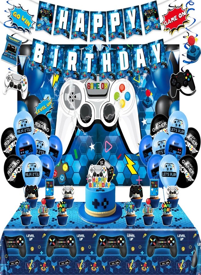 XXSCING 45Pcs Gamer Birthday Party Decorations - Gaming Party Supplies with Backdrop, Banner, Tablecloth, Balloons, Swirls & Cake Toppers for Video Game Theme, Blue - Image 1