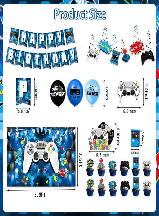 XXSCING 45Pcs Gamer Birthday Party Decorations - Gaming Party Supplies with Backdrop, Banner, Tablecloth, Balloons, Swirls & Cake Toppers for Video Game Theme, Blue - Image 3