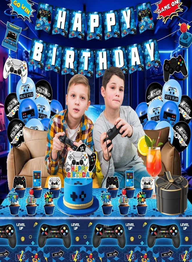 XXSCING 45Pcs Gamer Birthday Party Decorations - Gaming Party Supplies with Backdrop, Banner, Tablecloth, Balloons, Swirls & Cake Toppers for Video Game Theme, Blue - Image 5
