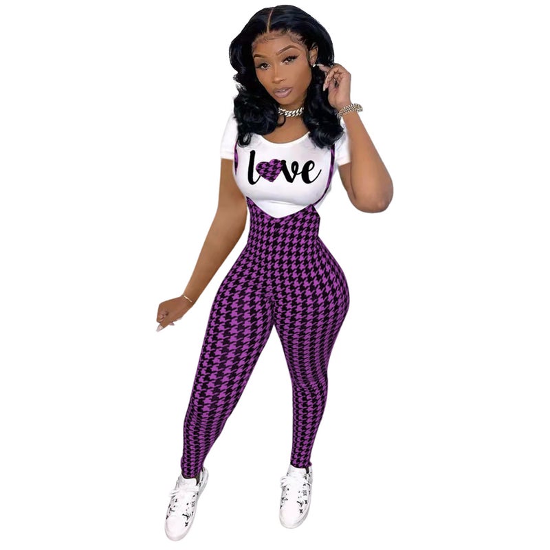 Fashion Printed Tee  Jumpsuit Set for Women Red -7  - Image 2