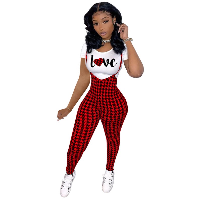 Fashion Printed Tee  Jumpsuit Set for Women Red -7  - Image 1
