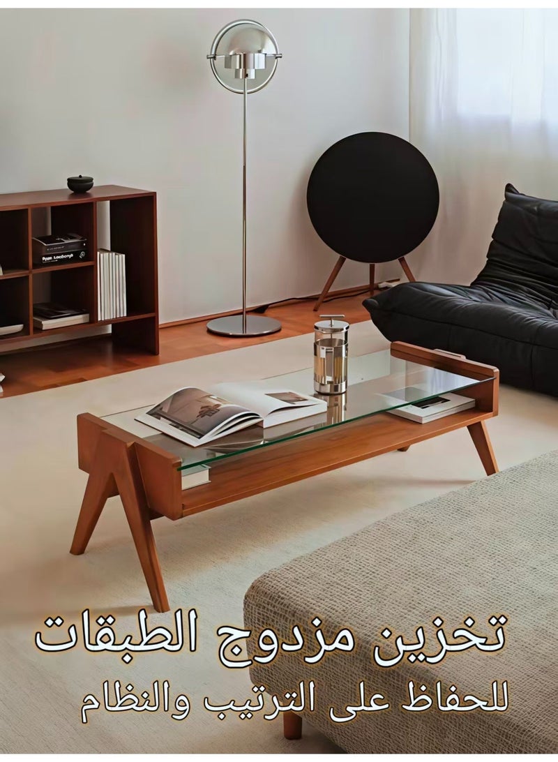 ChenDa Double‑Tier Rectangular Coffee Table, Wood & Glass Storage Center Table, Suitable for Home Living Room, Office Reception and Other Scenarios - Image 5