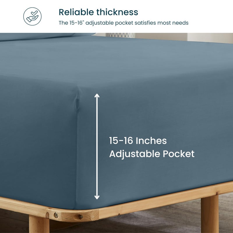 GOKOTTA Fitted Sheet Only - 16 Inch Pocket Bamboo Rayon Fitted Sheet  Super Soft and Cooling Bottom Sheet with 4 Elastic Corner Straps(Blue  Queen Size) - Image 2