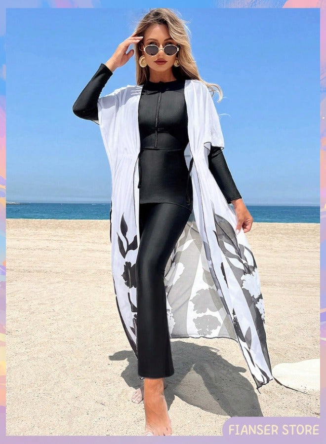 فيانسر بوركيني ملابس سباحة، طقم سباحة مكون من 3 قطع بأكمام طويلة مع عباءة شيفون تصميم على شكل فستان تغطية كاملة ملابس شاطئ موضة محتشمة محافظة إسلامية للمسلمات كلاسيكية ملابس عربية حماية من الشمس والأشعة فوق البنفسجية بدلة غوص بدلة ركوب الأمواج تجف بسرعة زي سباحة بسحاب بنطال طويل بقصة أرجل واسعة - Image 1