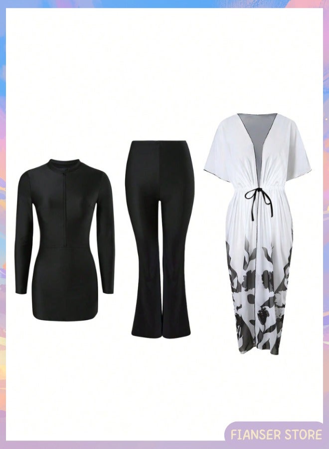 فيانسر بوركيني ملابس سباحة، طقم سباحة مكون من 3 قطع بأكمام طويلة مع عباءة شيفون تصميم على شكل فستان تغطية كاملة ملابس شاطئ موضة محتشمة محافظة إسلامية للمسلمات كلاسيكية ملابس عربية حماية من الشمس والأشعة فوق البنفسجية بدلة غوص بدلة ركوب الأمواج تجف بسرعة زي سباحة بسحاب بنطال طويل بقصة أرجل واسعة - Image 3