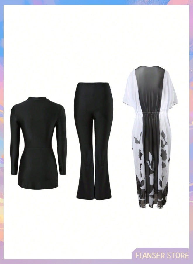 فيانسر بوركيني ملابس سباحة، طقم سباحة مكون من 3 قطع بأكمام طويلة مع عباءة شيفون تصميم على شكل فستان تغطية كاملة ملابس شاطئ موضة محتشمة محافظة إسلامية للمسلمات كلاسيكية ملابس عربية حماية من الشمس والأشعة فوق البنفسجية بدلة غوص بدلة ركوب الأمواج تجف بسرعة زي سباحة بسحاب بنطال طويل بقصة أرجل واسعة - Image 4