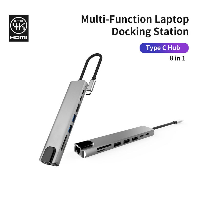 محول محطة استقلال كمبيوتر محمول متعدد الوظائف 8في1 USB-C من نوع Type-C إلى PD+USB*2+HDTV+Type-C+SD+TF+RJ45 محول 87W رمادي - Image 3