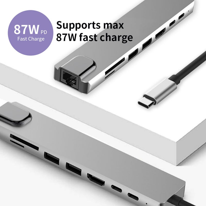 محول محطة استقلال كمبيوتر محمول متعدد الوظائف 8في1 USB-C من نوع Type-C إلى PD+USB*2+HDTV+Type-C+SD+TF+RJ45 محول 87W رمادي - Image 4
