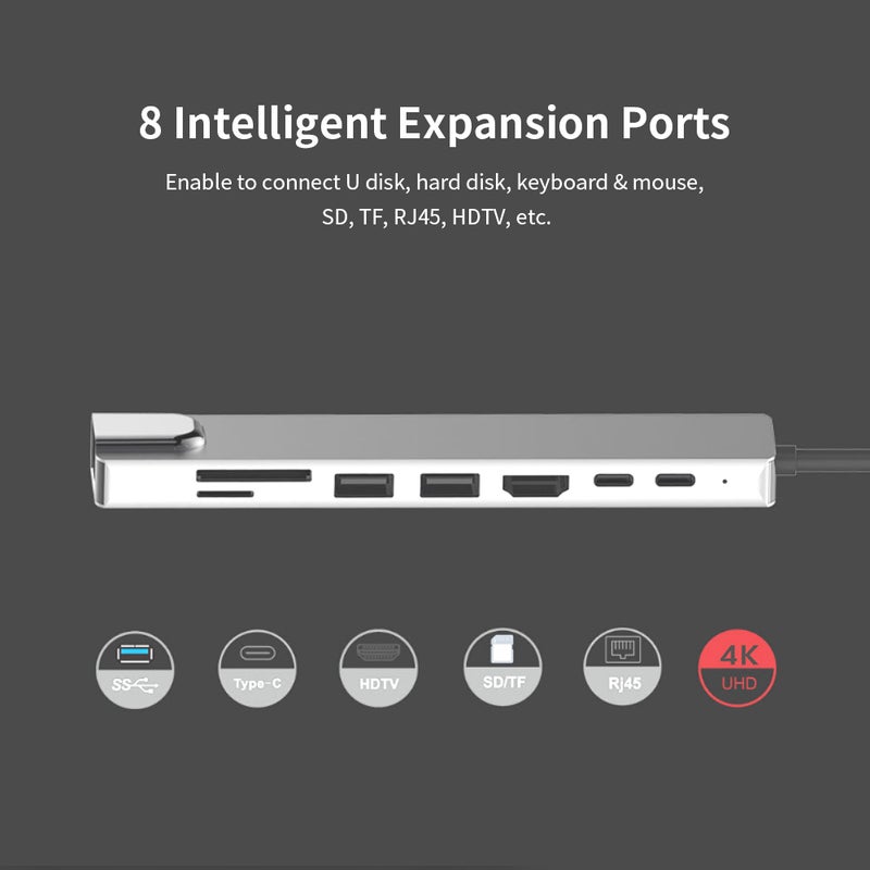 محول محطة استقلال كمبيوتر محمول متعدد الوظائف 8في1 USB-C من نوع Type-C إلى PD+USB*2+HDTV+Type-C+SD+TF+RJ45 محول 87W رمادي - Image 2