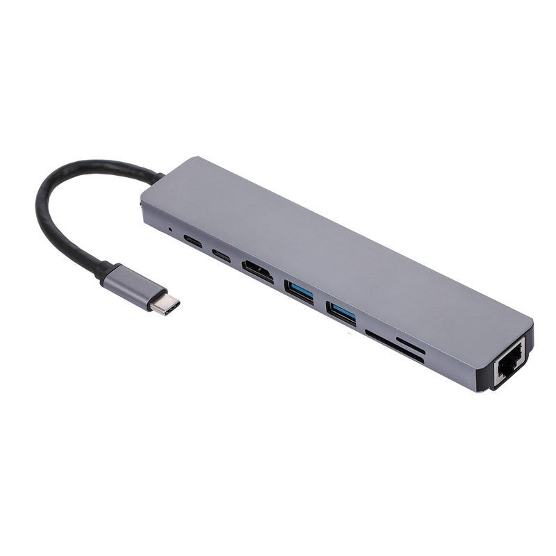 محول محطة استقلال كمبيوتر محمول متعدد الوظائف 8في1 USB-C من نوع Type-C إلى PD+USB*2+HDTV+Type-C+SD+TF+RJ45 محول 87W رمادي - Image 1
