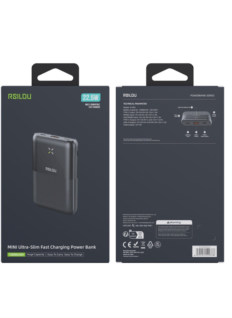RN10 Mini Ultra-Thin Power Bank, Capacity 10000mAh Fast Charging with Digital Display, 22.5W Output per port, 38.5W tatal Max power, USB-C and USB-A Dual Ports Fast charging, Micro and Lightning charing port