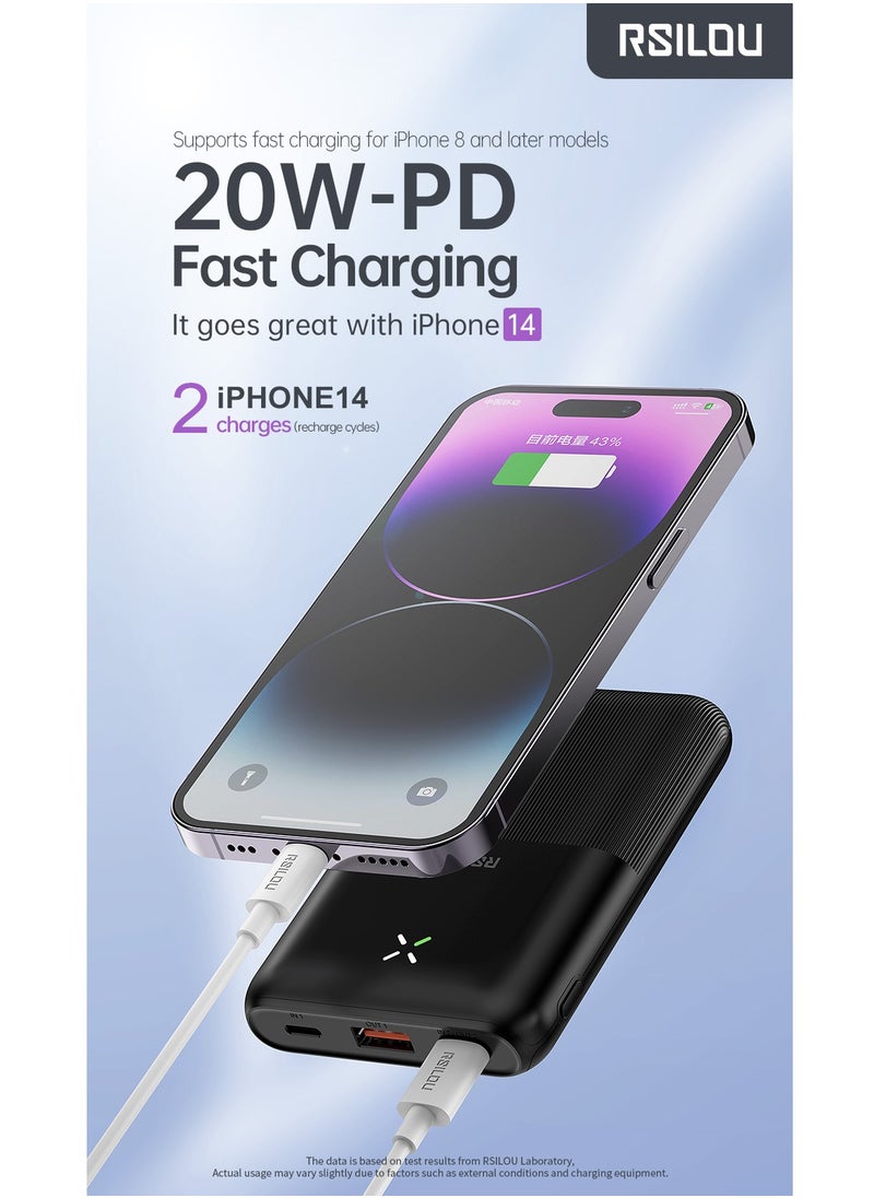 RN10 Mini Ultra-Thin Power Bank, Capacity 10000mAh Fast Charging with Digital Display, 22.5W Output per port, 38.5W tatal Max power, USB-C and USB-A Dual Ports Fast charging, Micro and Lightning charing port