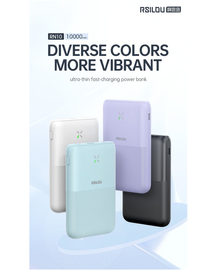 RN10 Mini Ultra-Thin Power Bank, Capacity 10000mAh Fast Charging with Digital Display, 22.5W Output per port, 38.5W tatal Max power, USB-C and USB-A Dual Ports Fast charging, Micro and Lightning charing port