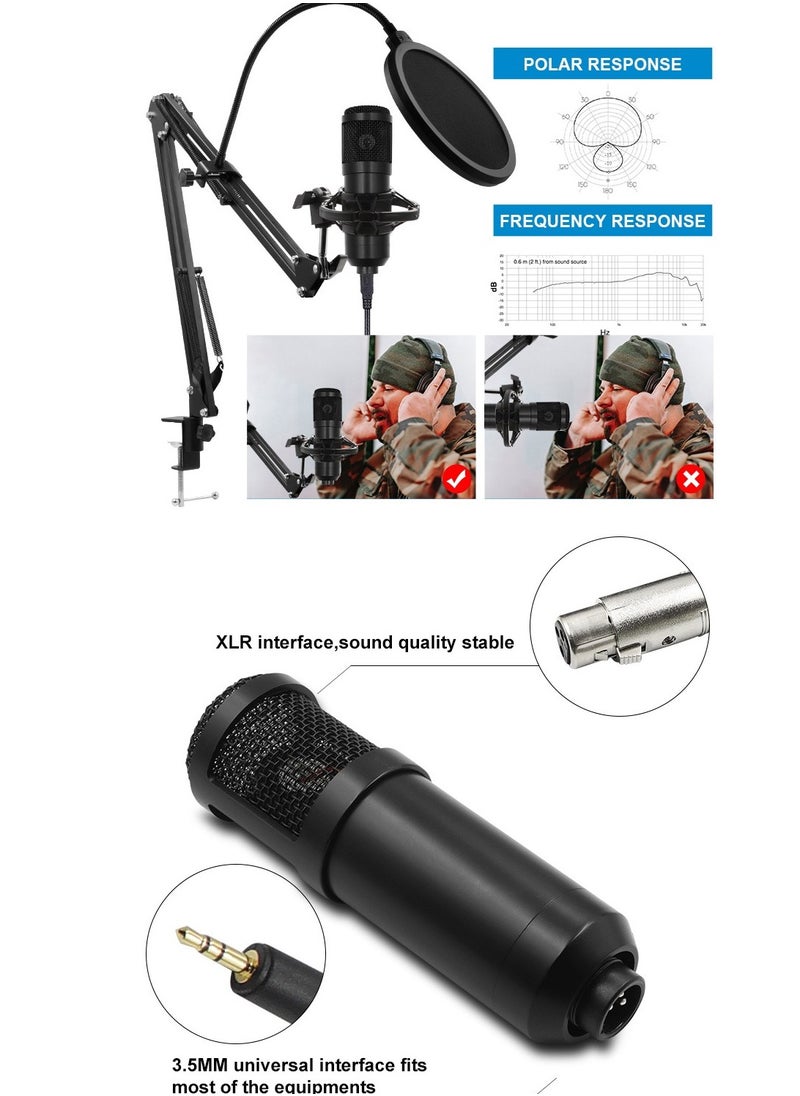 Condenser Microphone Set Microphone Kit with Live V8s Sound Card, Adjustable Microphone Suspension Scissor Arm BM8006 Black