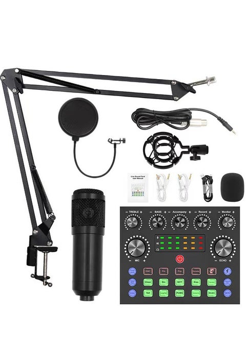 Condenser Microphone Set Microphone Kit with Live V8s Sound Card, Adjustable Microphone Suspension Scissor Arm BM8006 Black