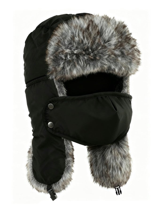 Buauty Fur Trapper Hat for Men Women Winter Ushanka Hats with Ear Flaps Warm Russian Bomber Hat Windproof Fuzzy Thick Sonw Eskimo Hat with Removable Mask Faux Winter Accessories Hunting Cap - Black - Image 1
