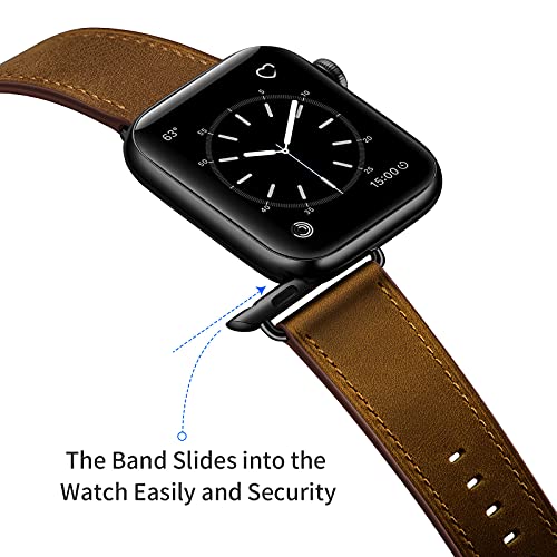 OUHENG Leather Bands Compatible with Apple Watch Band 49mm/46mm/45mm/44mm/42mm, Genuine Leather Strap for iWatch Series 11/10/9/8/7/6/5/4/3/2/1 & Ultra 3/2/1 & SE3 SE2 SE, Retro Dark Brown/Black - Image 4