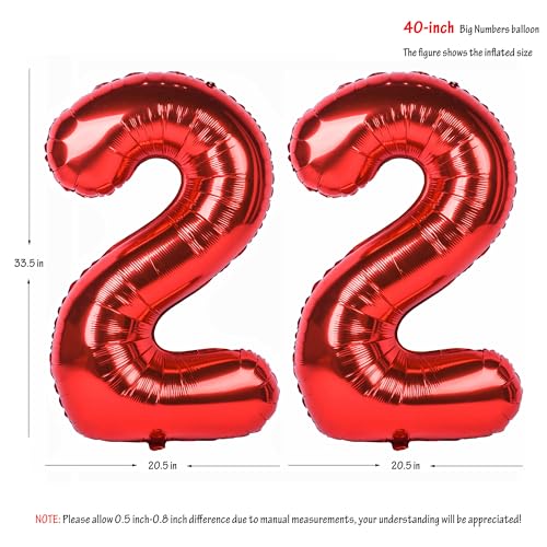 CHANGZHONG 40 Inch Red Number 22 Balloon Giant Helium Polyester Film 22th Birthday Girl Boy Self Inflating Digit TwentyTwo For Anniversary Celebration Baby Shower New Year Engagement Party Decoration - Image 5