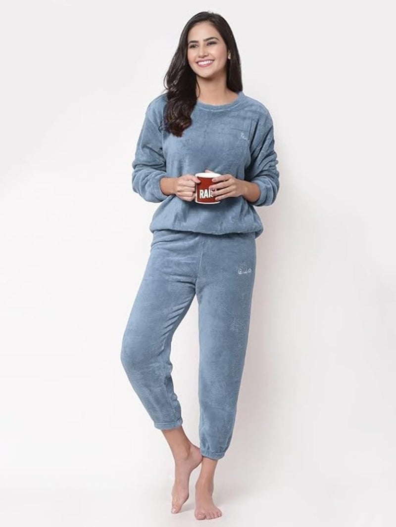 Ukal Combo Pack of 2 Women Winter Nightsuit Ladies Fur Nightwear Warm Night Suit Girls Pyjama Women's Top Pajama Pants Regular Fit Pyjama Set (S, Blue_Maroon) - Image 3