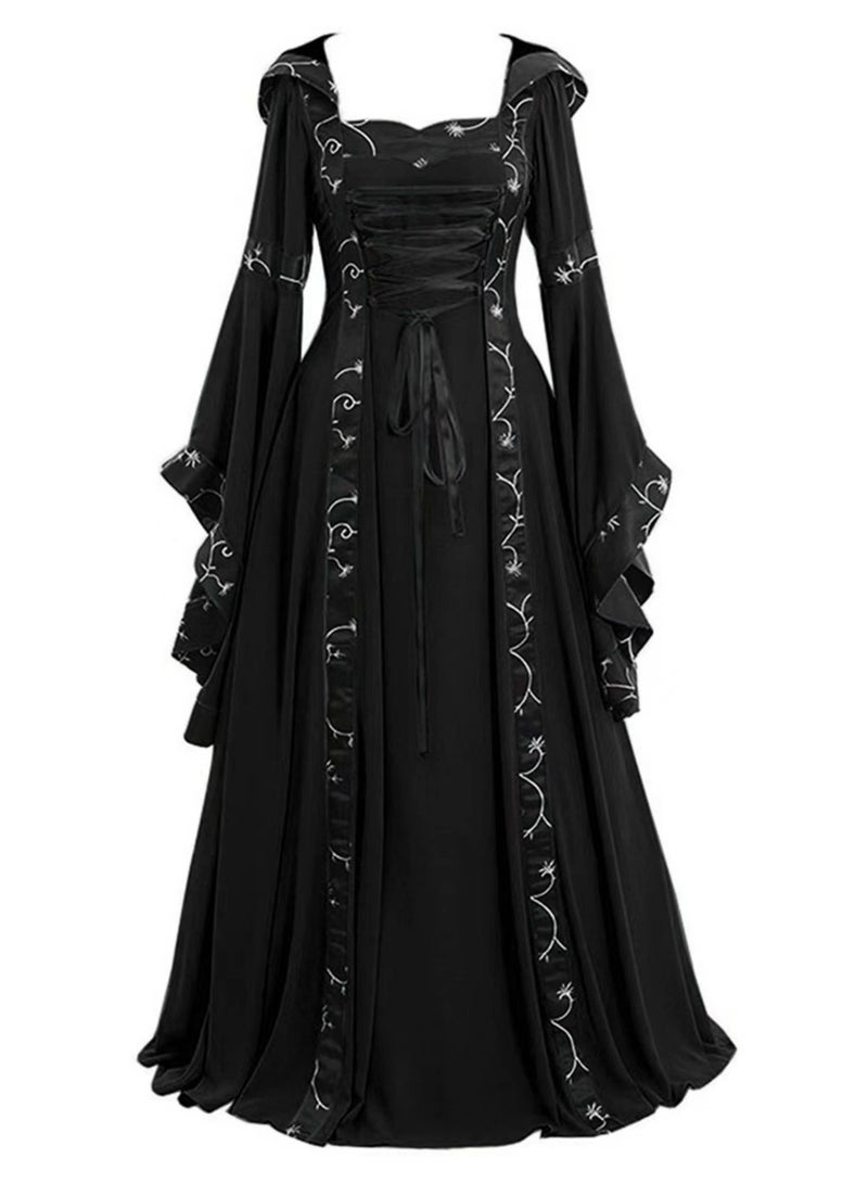 KUYING New Retro Square Collar Tied Waistband Flared Sleeve Jumpsuit Long Skirt 