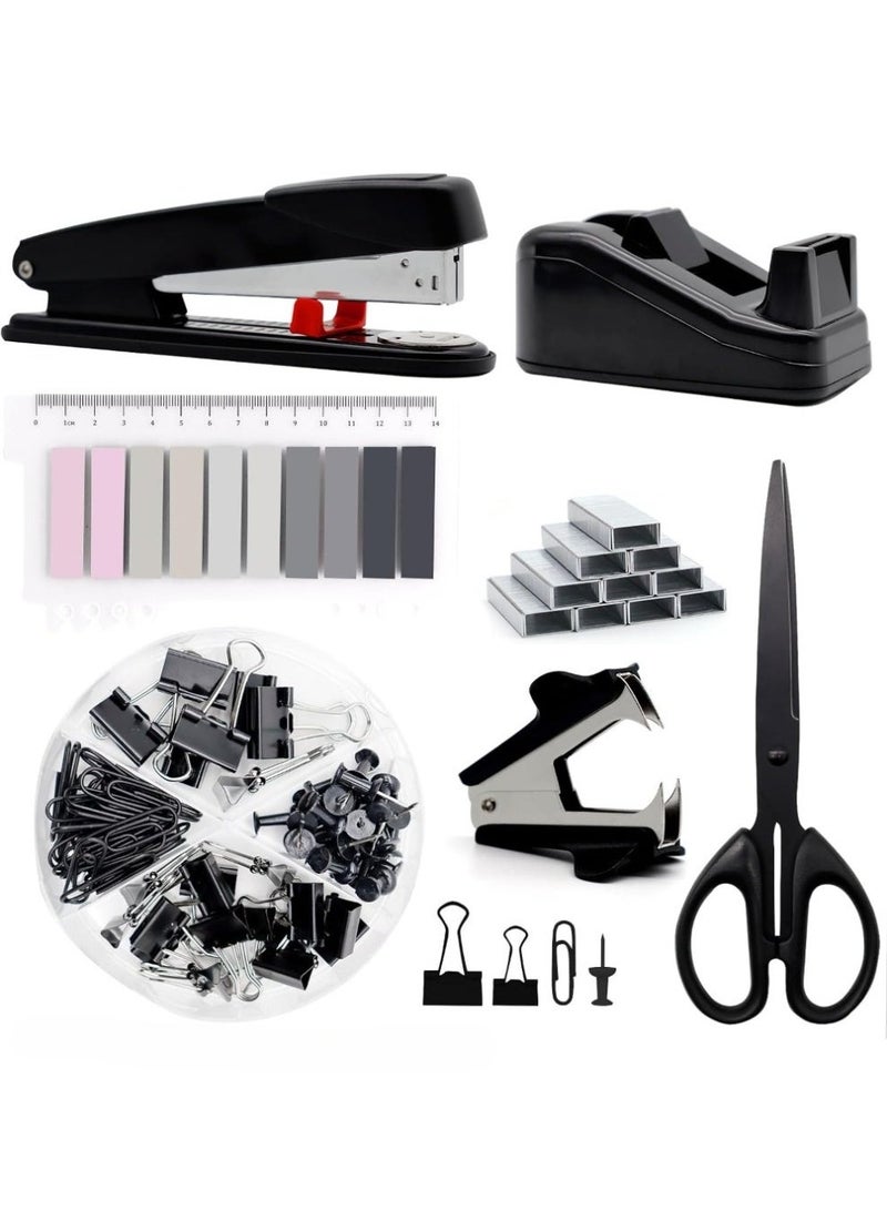 jaexest Black Office Supplies, Black Desk Accessories,Stapler and Tape Dispenser Set for with Large Stapler,Tape Dispenser, Staple Remover, Staples, Clips,Scissor and Tabs,Gifts for Office Clerks - Image 1